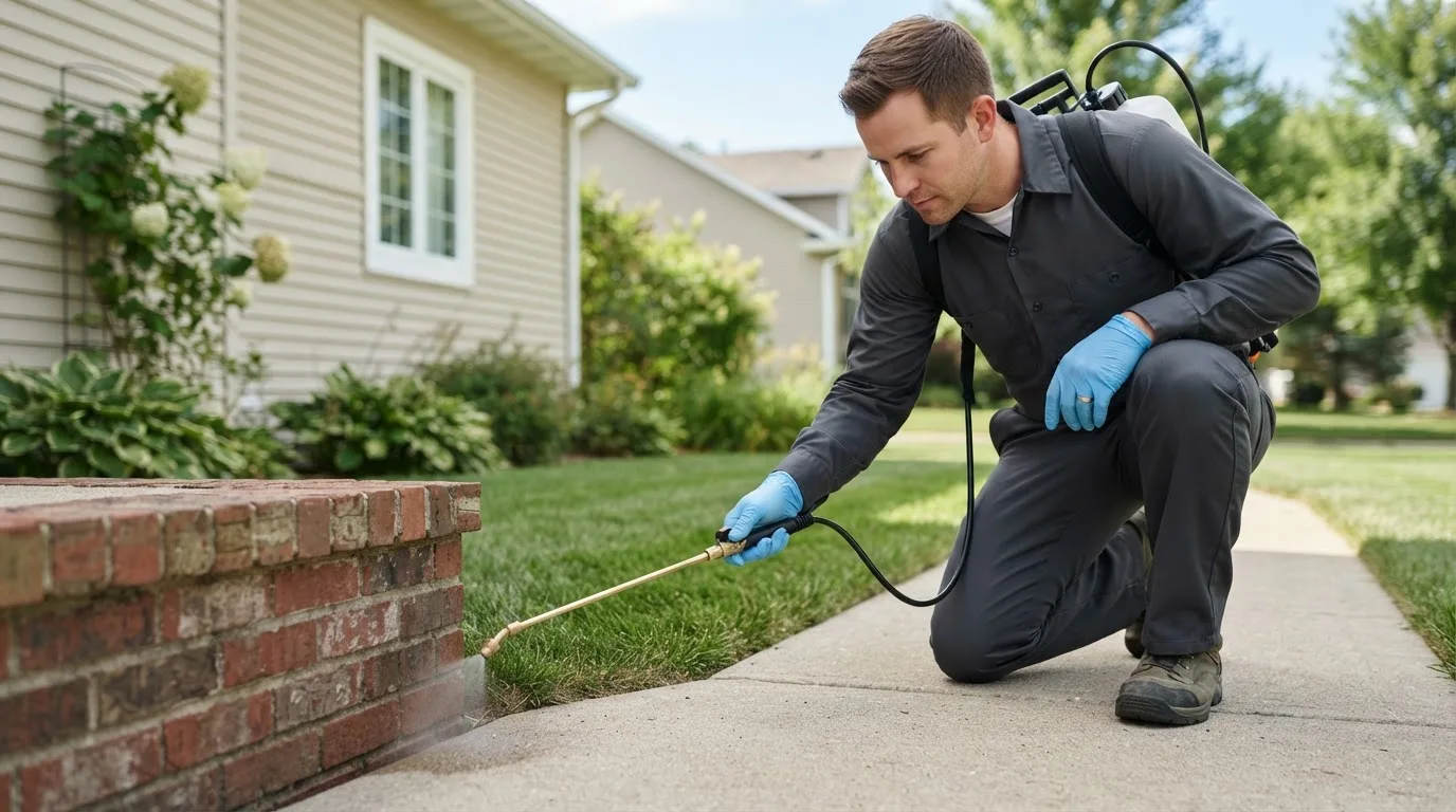 Pest control technician treating a home near Carbon, IN